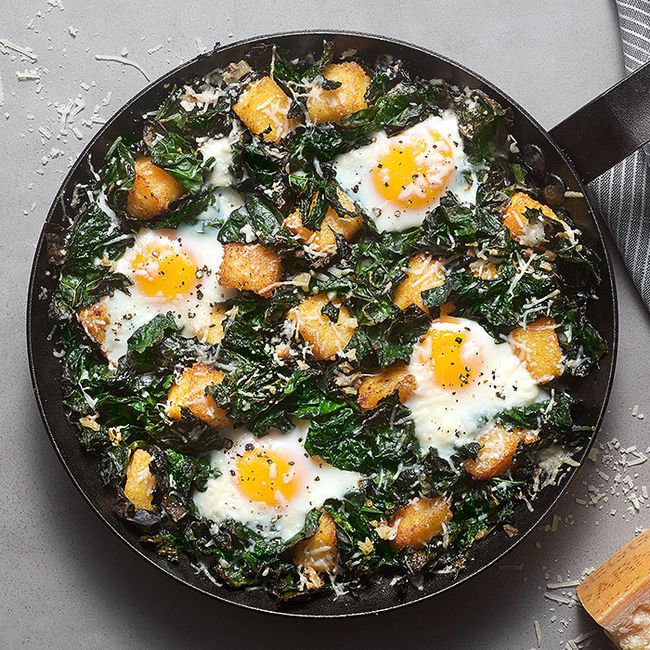Skillet Kale Caesar Shakshuka with Crispy Polenta Croutons
